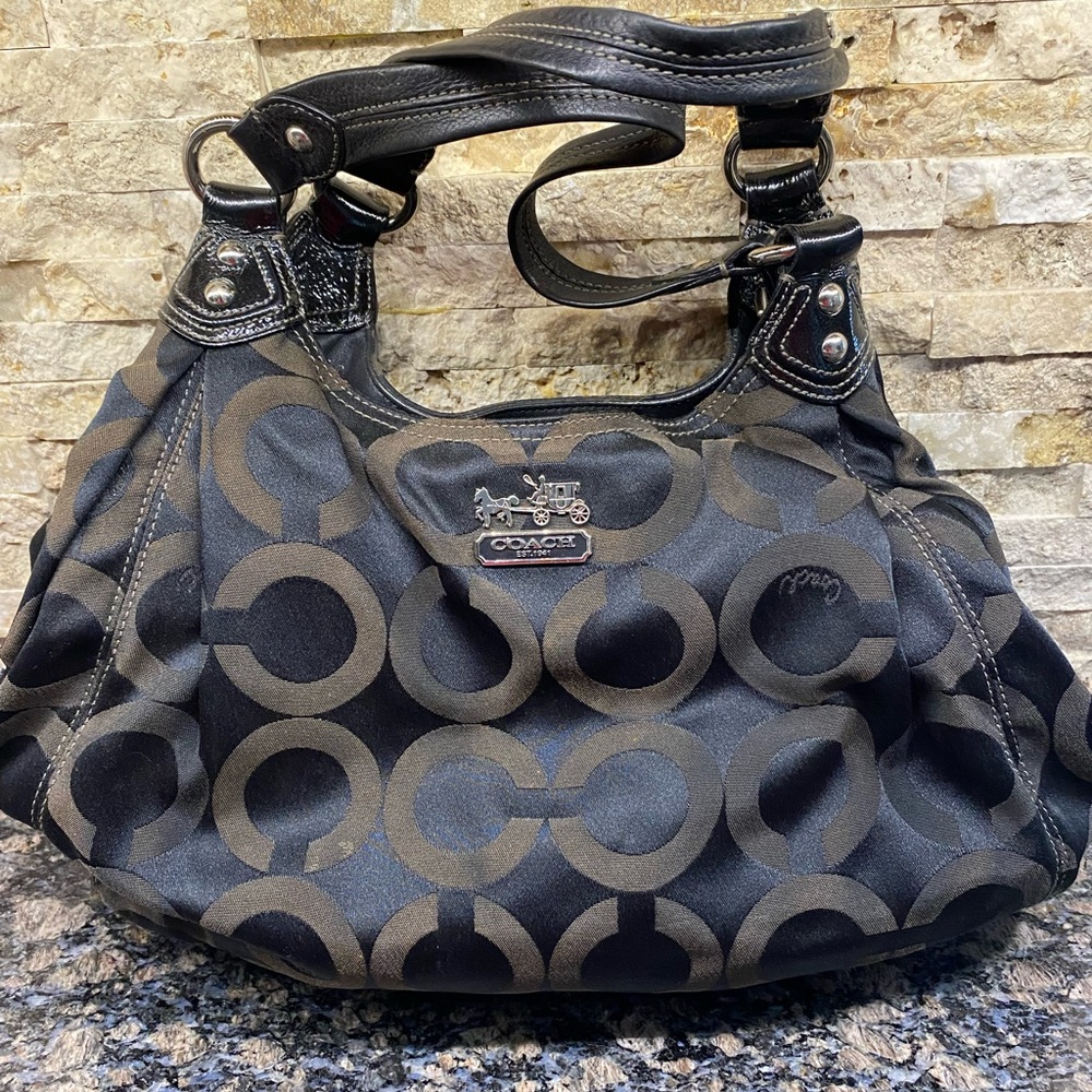 COACH Black Signature Print Double Handle Hobo Multi Compartment Purse